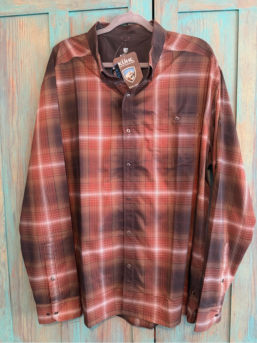 Kuhl Men's Rust & Brown Plaid Button-Down Shirt. Light weight UPF +30 New
